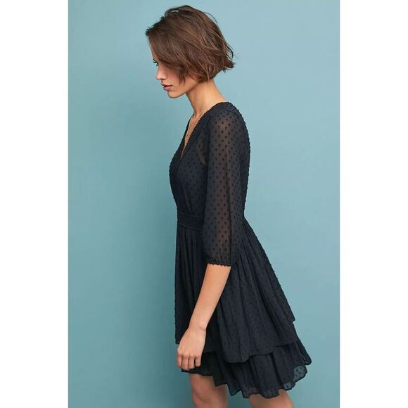 NWT ANTHROPOLOGIE Meadow Rue Black Minetta Crochet Sheer Tiered Dress 4 Petite - Picture 2 of 13